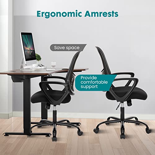 SMUG Office Computer Desk Chair, Ergonomic Mid-Back Mesh Rolling Work Swivel Task Chairs with Wheels, Comfortable Lumbar Support, Comfy Arms for Home, Bedroom, Study, Dorm, Student, Adults, Black