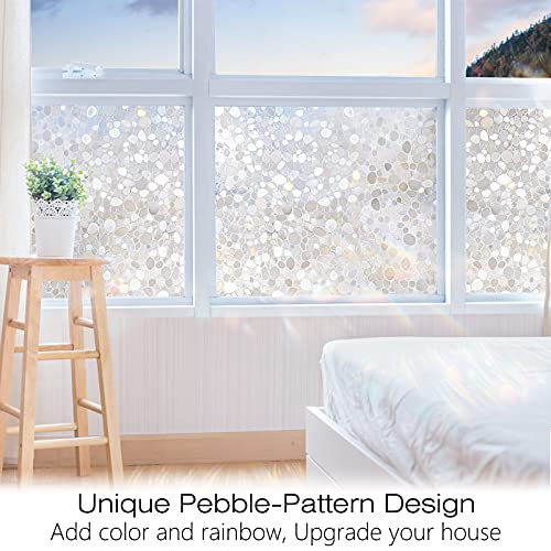 rabbitgoo Window Privacy Film, Decorative Window Clings, UV Blocking Window Coverings Static Cling Non Adhesive Door Stickers, Stained Glass Rainbow Window Vinyl, 3D Pebble, 17.5 x 78.7 inches