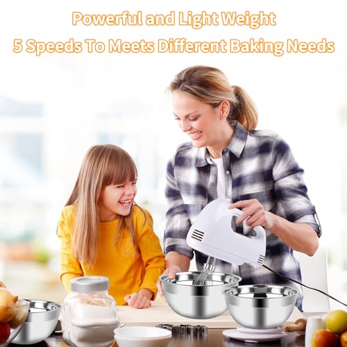 WEPSEN Hand Mixer Electric Mixing Bowls Set, 5 Speeds Handheld Mixer with 5 Nesting Stainless Steel Mixing Bowl, Measuring Cups Spoons 200W Kitchen Blender Whisk Beater Baking Supplies For Beginner