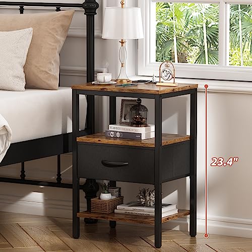 SUPERJARE Nightstand with Charging Station, Bed Side Table with Adjustable Fabric Drawer, Night Stand for Bedroom, 3-Tier Storage End Table, for Living Room, Rustic Brown and Black