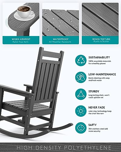 SERWALL Outdoor Rocking Chair Set of 2, HDPE Rocking Chairs for Adult, All Weather Porch Rockers for Lawn Garden, Grey