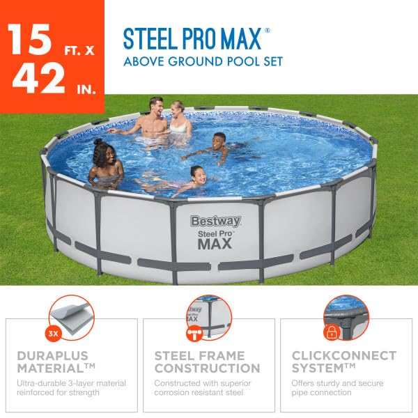 Bestway Steel Pro MAX 15" x 42" Round Above Ground Swimming Pool Set Outdooor Metal Frame Family Pool with Filter Pump, Ladder, and Cover