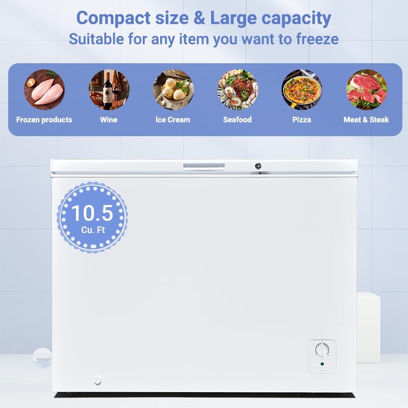 SMETA Chest Freezer 10.5 Cu. Ft, Deep Freezers Chest for Garage Outdoor with 3 Baskets Adjustable Thermostat, Defrost Meat Freezer with 4 Wheels, Energy Saving for Kitchen, Basement, Commercial, White
