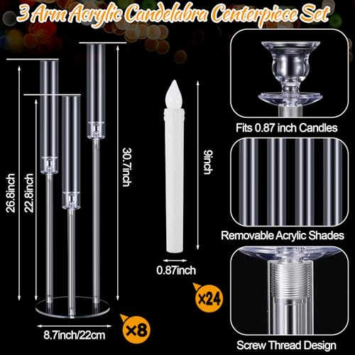 8 Set Acrylic Candelabra Centerpieces 3 Arm Clear Floor Candlesticks Candle Holders with Acrylic Shade Base 0.87" LED Candles Decoration for Wedding Party