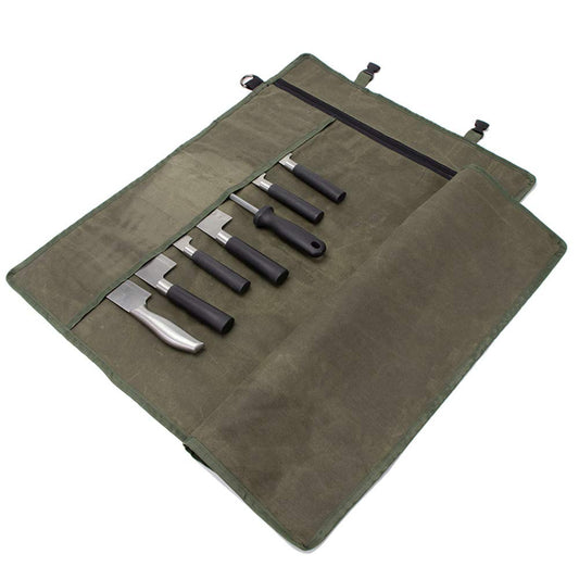 HERSENT Chefs Knife Roll Bag, Waxed Canvas Knife Cultery Carrier, Portable Chef Knife Cases, Knife Pouch Holders with 10 Slots Plus 1 Zipper Pockets Can Hold Home Kitchen Knife Tools Up to 18.8, 1.