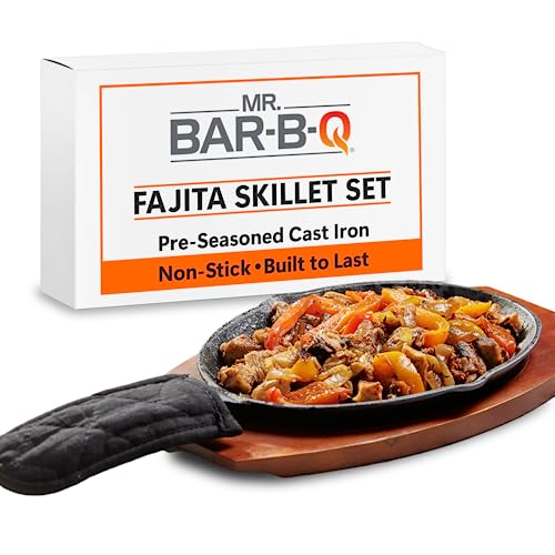 Mr. Bar-B-Q Premium Cast Iron Fajita Skillets Set, Pre-Seasoned, Non Stick Sizzling Plate, Wooden Base, Cloth Handle, Sizzler Steak Plate, Ideal for Different Food Cooking, Indoor & Outdoor Use