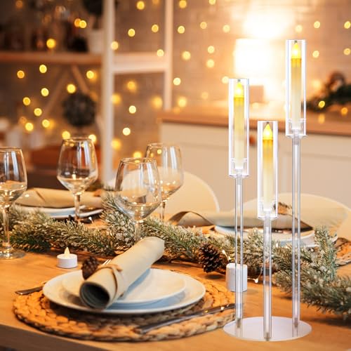 8 Set Acrylic Candelabra Centerpieces 3 Arm Clear Floor Candlesticks Candle Holders with Acrylic Shade Base 0.87" LED Candles Decoration for Wedding Party