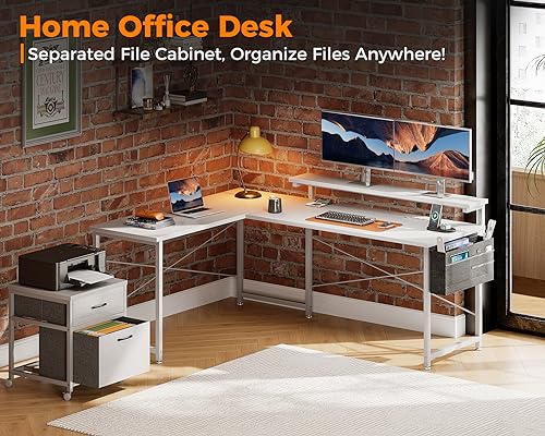 AODK L Shaped Computer Desk, 55" Office Desk with File Cabinet, Power Outlet and Adjustable Monitor Stand, Executive Home Office Furniture Set, Reversible Corner Desk with Storage Bag, White