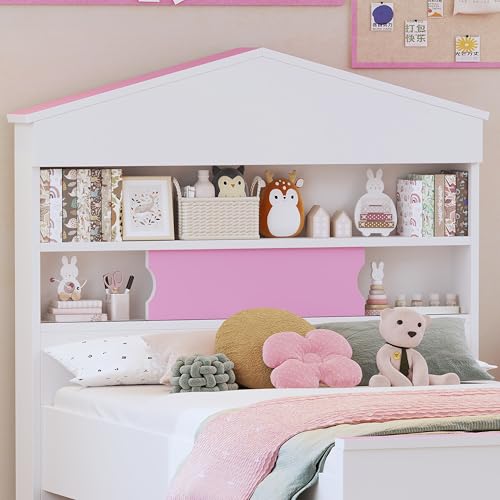 Merax 3-Pieces Bedroom Sets, Twin Size Wooden Bed Frame with House-Shaped Storage Headboard, 3-Drawer Nightstand and Nine Compartments Bookshelf, Cute Design for Boys Girls Kids' Room, Pink+White