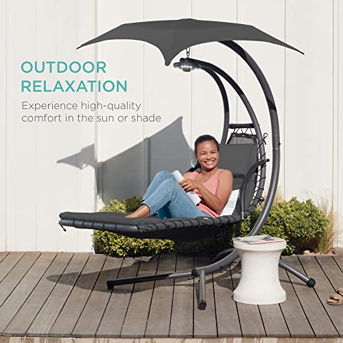 Best Choice Products Outdoor Hanging Curved Steel Chaise Lounge Chair Swing w/Built-in Pillow and Removable Canopy - Charcoal Gray