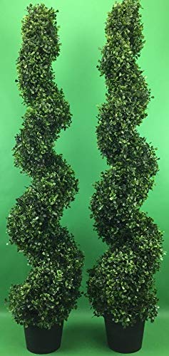 Two 4 Foot Outdoor Artificial Boxwood Spiral Topiary Trees UV Rated Plants