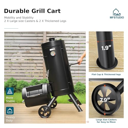 MFSTUDIO Extra Large Vertical Offset Smoker, Heavy-Duty Vertical Charcoal Smoker Grill BBQ Gill with Offset Smoker Box, 961 SQ.IN. Cooking Area with Push-out Ash Tray for Smoking, Black