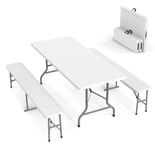 VINGLI Picnic Table Set with 2 Benches, 6 Feet Camping Table Chair Set,3-Piece Folding Furniture for Indoor or Outdoor Use, Smooth Tabletop, White