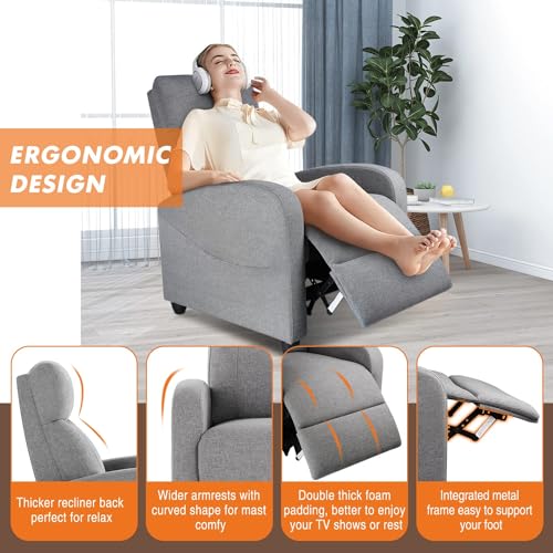 Sweetcrispy Recliner Chair for Adults, Massage Fabric Small Recliner Home Theater Seating with Lumbar Support, Adjustable Modern Reclining Chair with Padded Seat Backrest for Living Room (Deep Grey)