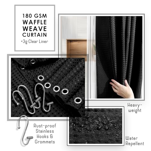 Clara Clark Bathroom Accessories Set - Bathroom Set, 20PC Bathroom Accessory Set, Black Shower Curtain Set, Toilet Brush, Trash Can & Soap Dispenser