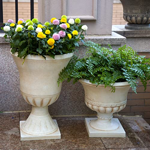 Worth Garden Plastic Urn Planters for Outdoor Plants, Tree 22'' Tall 2 Pack Round Classic Resin Flower Pots Indoor Beige Traditional Front Porch 15 in Dia. Large Imitation Stone Decorative Patio Deck