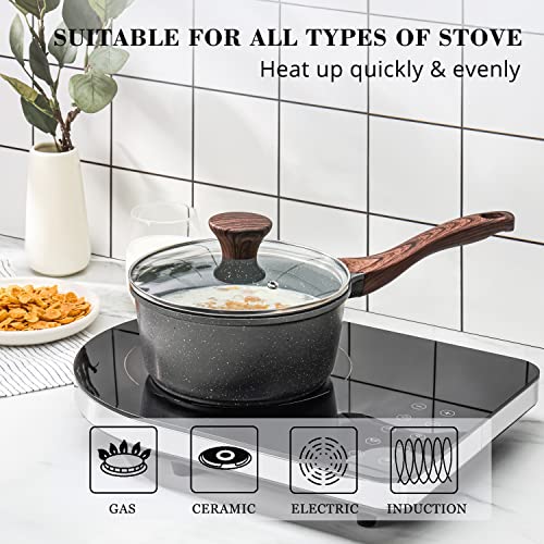 SENSARTE Nonstick Sauce Pan with Lid, 1.5QT Small Pot with Swiss Granite Coating, Stay-cool Handle, Multipurpose Handy Small Saucepan, Induction Capable, PFOA Free
