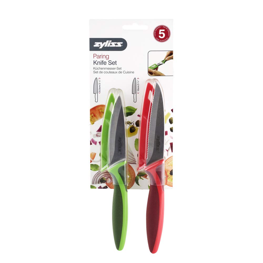 Zyliss Classic Paring Knife Set with Sheath Cover - Precision Knife for Cutting, Slicing & Peeling - Small Culinary 3 ¼” Paring Knife & 3 ¾” Serrated Knife - Carbon Stainless Steel Blade - Red/Green