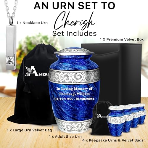 Americurn Customized Printing on Large Urn for Ashes Adult Male | Urn for Ashes for Women | Blue Urns for Human Ashes with Necklace Urn (Inside The Large Urn)