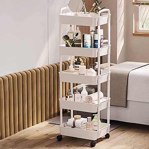 5-Tier Utility Cart with Lockable Wheels - Multipurpose Storage and Craft Organizer Cart for Bathroom, Laundry, Kitchen - Book, Art, Makeup, Diaper Cart in Black