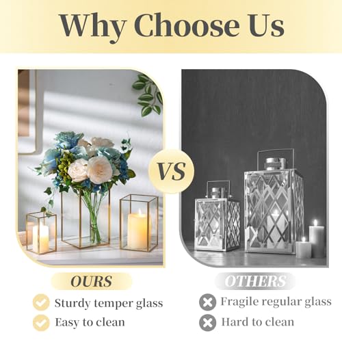 Glass Hurricane Candle Holder Large - Hewory 18pcs Gold Rectangle Flower Holders Centerpiece for Table, Tall Floor Square Pillar Candle Lantern for Wedding, Anniversary, Party, Fireplace, Dining Room