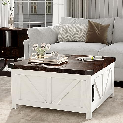 jimeimen Farmhouse Lift Top Coffee Table with Storage, Wood Square Center Table with Charging Station&USB Ports, Living Room Central Table w/Large Hidden Space, for Living Room, Bedroom, Home Office