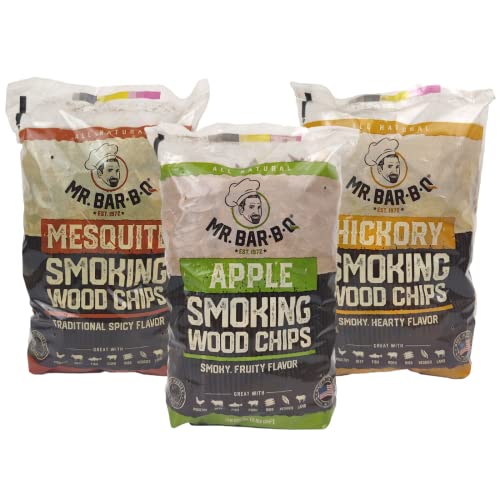 Wood Smoker Chips Bundle of 3 Flavors - Apple, Mesquite & Hickory Wood Chip for Smokers, Can be Use on Gas, Charcoal Grill, Smoke Wood Chips for Grilling, BBQ & Camping by Mr. Bar-B-Q(3 x 1.6 Lb Bags)