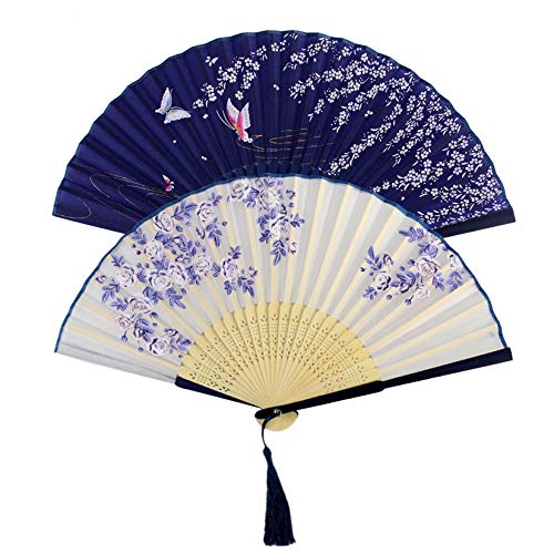 Bantoye 2 Pieces Handheld Fans, Silk Folding Fans with Bamboo Frames for Dancing Cosplay Wedding Party Props Decoration, White Blue