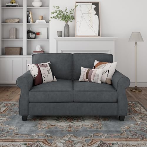 Loveseat Sofa - 56" Small Couch Mid Century Modern Flannel Love Sofas Small Space Saving Upholstered 2 Seater Love Seat Couches for Living Room Bedroom Home Office Apartment and Small Space, Dark Grey