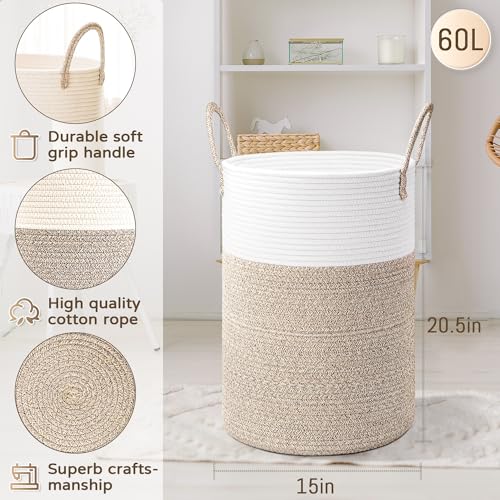 Artfeel Laundry Basket,Woven Cotton Rope Laundry Hamper,60L for Decor Storage of Dirty Clothes,Toys and Blankets in Bathroom,Baby Room and Living Room