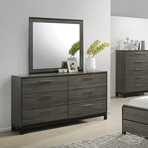 Roundhill Furniture Ioana 187 Antique Grey Finish Wood Bed Room Set, King Size Bed, Dresser, Mirror, Night Stand, Chest