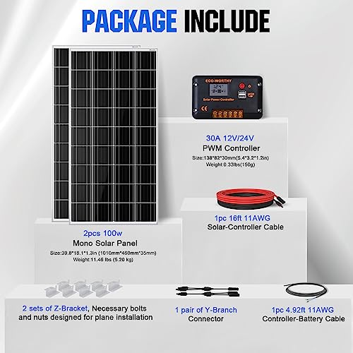 ECO-WORTHY 200 Watts 12 Volt/24 Volt Solar Panel Kit with High Efficiency Monocrystalline Solar Panel and 30A PWM Charge Controller for RV, Camper, Vehicle, Caravan and Other Off Grid Applications