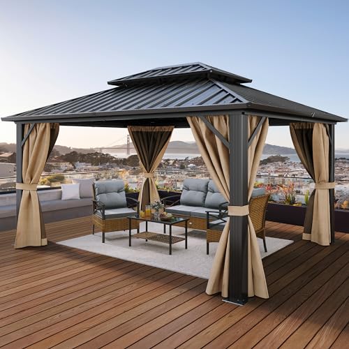 YITAHOME 10x12ft Gazebo Double Roof Hardtop with Nettings and Curtains, Heavy Duty Galvanized Steel Outdoor Vertical Stripes Roof for Patio, Backyard, Deck, Lawns, Brown