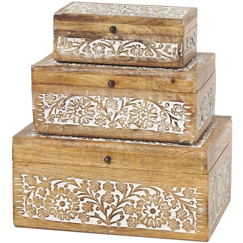 Deco 79 Mango Wood Floral Decorative Box Decorative Keepsake Boxes with Hinged Lid, Set of 3 Storage Boxes 8", 10", 12"W, Brown