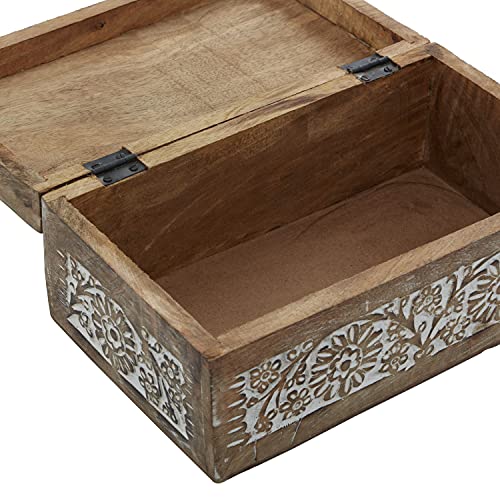 Deco 79 Mango Wood Floral Decorative Box Decorative Keepsake Boxes with Hinged Lid, Set of 3 Storage Boxes 8", 10", 12"W, Brown