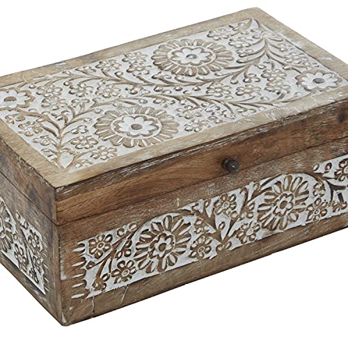 Deco 79 Mango Wood Floral Decorative Box Decorative Keepsake Boxes with Hinged Lid, Set of 3 Storage Boxes 8", 10", 12"W, Brown