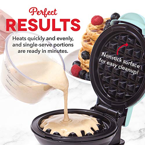 DASH Mini Waffle Maker - 4” Waffle Mold, Nonstick Waffle Iron with Quick Heat-Up, PTFE Nonstick Surface - Perfect Mini Waffle Maker for Kids and Families, Just Add Batter (Aqua)