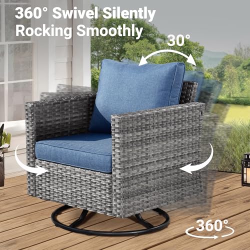 ovios Patio Furniture Set, 6 Piece Outdoor Wicker Sofa with Swivel Rocking Chairs and Comfy Cushions, High Back Rattan Couch Conversation Set, Denim Blue