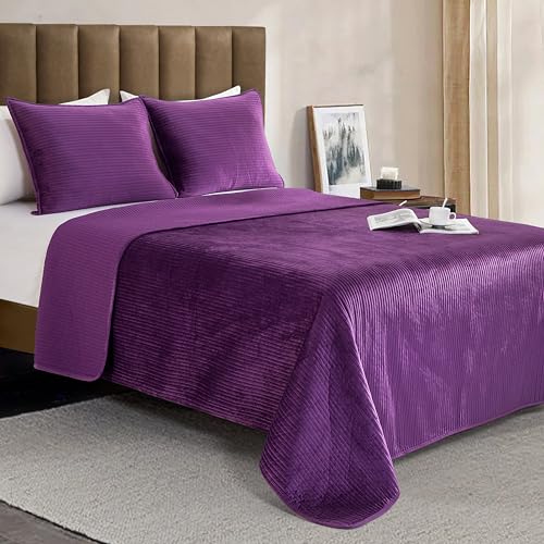 Elegant Comfort Luxury 3-Piece Velvet Corduroy Stripe Quilt Set, Ultra Soft Bedspread - Cozy Velvet Coverlet Set - 3PC Medium Weight Quilted Set with Matching Pillow Shams, Twin XL, Purple