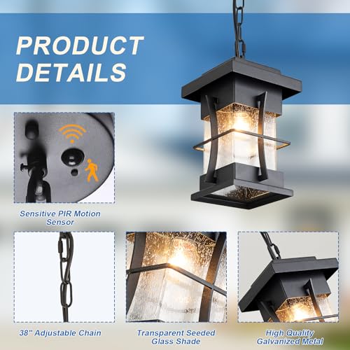 EERU Motion Outdoor Pendant Light Fixture with Dusk to Dawn Sensor Exterior Hanging Lantern with Adjustable Chain Black with Seeded Glass Outside Lights for House Patio Front Porch Lighting
