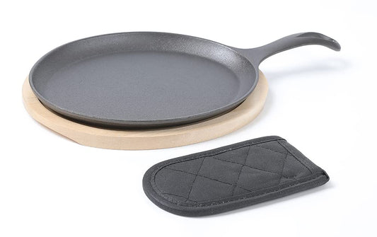 HAWOK Cast Iron Fajita Plate Sizzler Pan Set with Wooden Tray and Handle Holder, Pre-seasoned Cast Iron Skillet with Wooden Base and Handle Cover