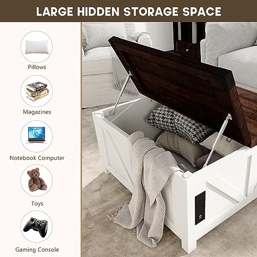 jimeimen Farmhouse Lift Top Coffee Table with Storage, Wood Square Center Table with Charging Station&USB Ports, Living Room Central Table w/Large Hidden Space, for Living Room, Bedroom, Home Office