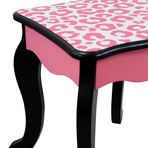 Teamson Kids Leopard Prints Wooden 2-pc. Play Vanity Set with Tri-Fold Mirror, Storage Drawer and Matching Stool to Play Dress-up, Princess or Beauty Shop, Black/Pink