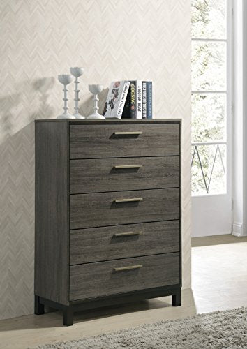 Roundhill Furniture Ioana 187 Antique Grey Finish Wood Bed Room Set, King Size Bed, Dresser, Mirror, Night Stand, Chest