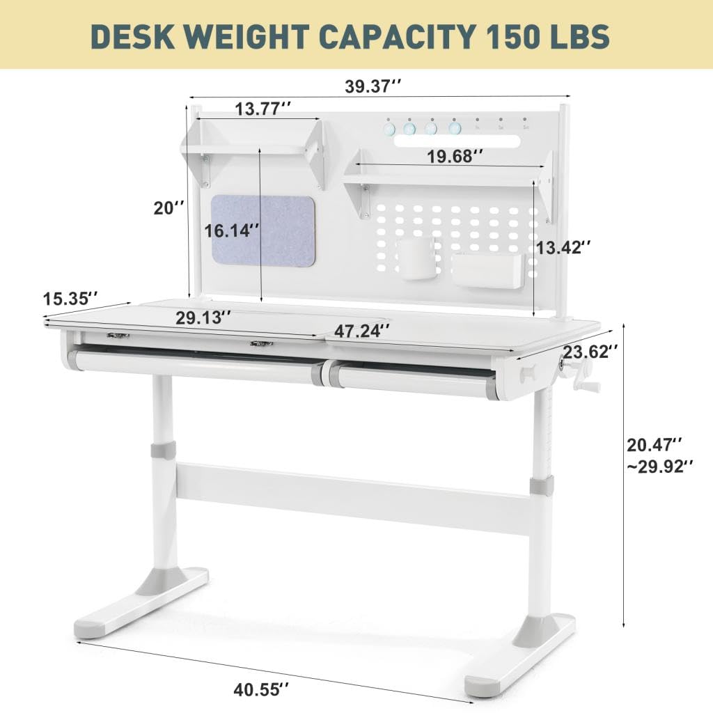 COSVALVE 47 inches Adjustable Kids Desk with Hutch, with Two Storage Drawer, LED Lamp, Tilt Desktop, Height Adjust for Home School Use,for Girls Boys (Grey) (Grey-1, Desk Only)