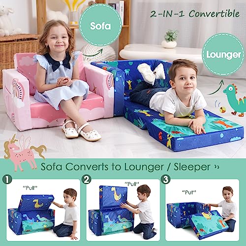 ACRABROS Kids Couch: Toddler Sofa Bed Fold Out for Gilrs Boys Baby Flip Out Convertible Lounge Chair Dinosaur