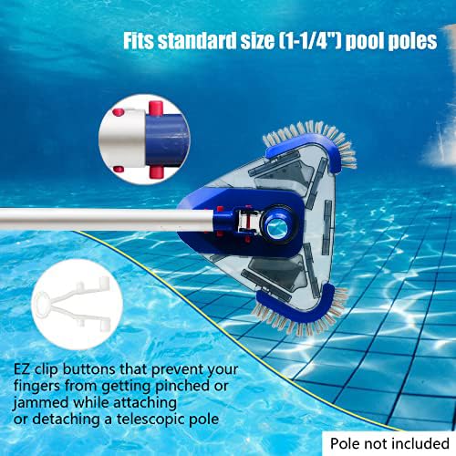 Poolvio Triangular Pool Vacuum Head with Side Brush, Swivel Hose Connection, EZ Clip Handle - Connect 1-1/4", 1-1/2" Hose for Inground and Above Ground Swmming Pools