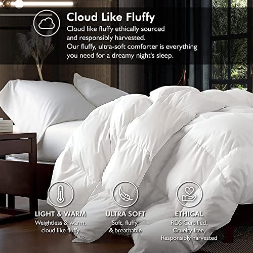 Luxurious King/California King Size Goose Down Fiber Waterfowl Feather Fiber Comforter Duvet, 100% Egyptian Cotton Cover, 58 oz. Fill Weight, Baffle Box Design, White Solid