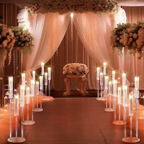 8 Set Acrylic Candelabra Centerpieces 3 Arm Clear Floor Candlesticks Candle Holders with Acrylic Shade Base 0.87" LED Candles Decoration for Wedding Party