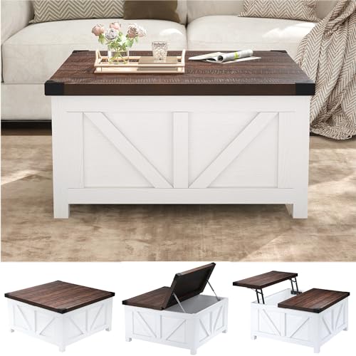 jimeimen Farmhouse Lift Top Coffee Table with Storage, Wood Square Center Table with Charging Station&USB Ports, Living Room Central Table w/Large Hidden Space, for Living Room, Bedroom, Home Office